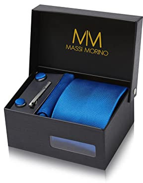 Massi Morino Krawatte Royalblau mit Einstecktuch Set Herren inkl. Manschettenknöpfe, Krawattennadel und Geschenkbox - Männer Krawattenset