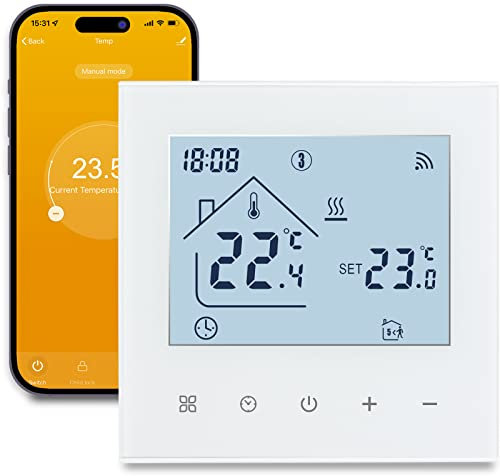 Beok Thermostat Connecté WiFi Thermostat d'Ambiance Intelligent pour Chauffage au Sol Électrique Thermostats Programmable sans Fil avec Capteur Externe Compatible Alexa Google Home 16A,Blanc
