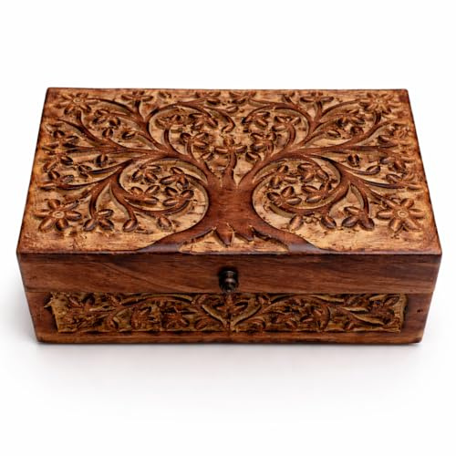 The Great Indian Bazaar Tolles Geburtstagsgeschenk, handgefertigte dekorative Holz-Schmuckschatulle, Baum des Lebens, Schnitzerei, Schmuck-Organizer, Erinnerungsbox, Schatztruhe, Schmuckstückhalter
