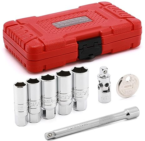 EMENTOL Juego de 8 enchufes de bujía de 3/8 pulgadas, SAE y métrico, juego de enchufes de 6 puntos, junta universal, barra de extensión de 6 pulgadas, medidor de espacio de bujía
