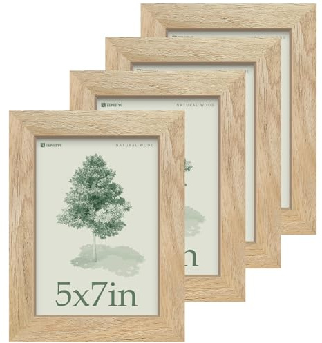 TENIBYC 5x7 Picture Frame 4 Pack, Natural Solid Wood Photo Frame, HD Tempered Glass, Table Display or Wall Hanging