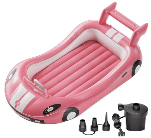 QPAU Letto gonfiabile da viaggio per bambini con pompa elettrica, materasso ad aria per bambini con auto da corsa, letto gonfiabile portatile per campeggio, viaggi, hotel e casa (rosa)