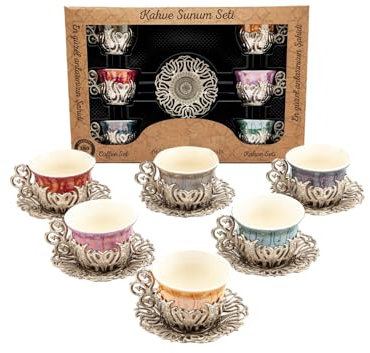 PARK & OZ 2.7 Ounce Turkish Coffee Espresso Cups with Metal Holders and with Saucers Set of 6,Tea Serving Set for Women, Men, Adults, Guests or for Tea Party