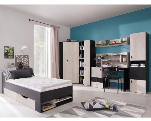 Lomadox Jugendzimmer Set 7-teilig mit Bett, Eckkleiderschrank, 2 Regalschränke, Wandboard, Schreibtisch, Schreibtischaufsatz in schwarz/braun/beige Modern