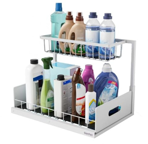 GarPet Spülschrank Organizer schmal ausziehbar Küche Metall 2 Etagen unter Waschbecken Regal Küchen Organizer Gewürzregale Organizer für Badezimmer weiß