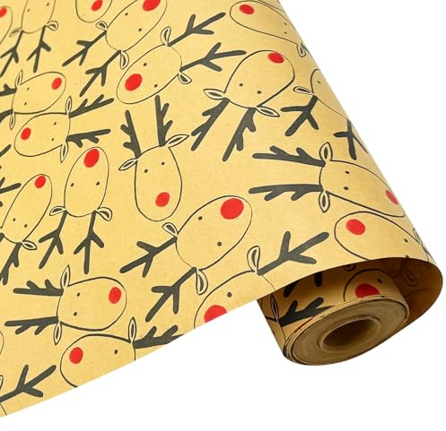 Geschenkpapier in Jumbo-Größe: Weihnachtsgeschenkpapierrolle aus Kraftpapier mit Elchdesign, recycelbares Papier, 95 cm x 12 m