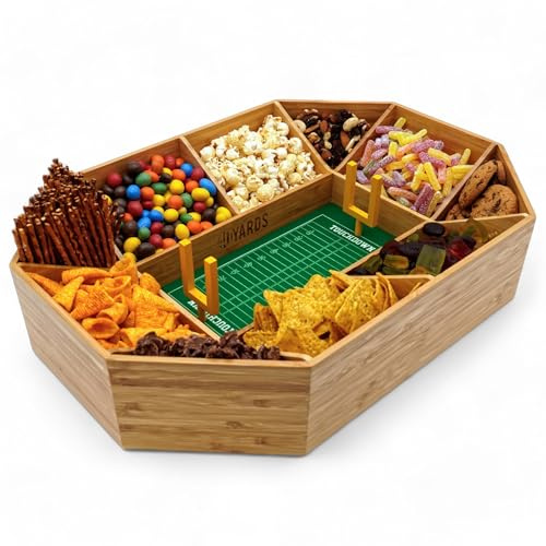 40YARDS American Football Snack Stadium i bambuträ + lekbräda i filt (mjuk) med markörer och 2 gula fältlinser | Mått: 50 x 36 cm | byggd | Fotboll Snack