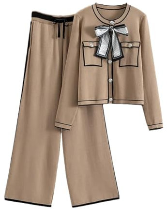 2-teiliges Strickset für Damen, Schleife, Rundhalsausschnitt, kurzer Pullover, Cardigan, hohe Taille, weite Beine, Anzüge, khaki, L