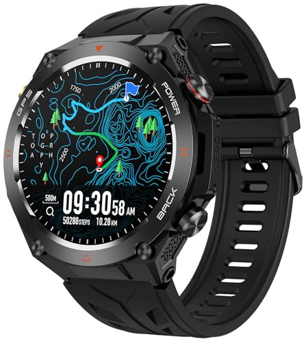findtime GPS Smartwatch mit Kompass, Telefonfunktion, Höhenmesser, Barometer Fitnessuhr für Bergsteiger Laufen Wandern Militär Sportuhr für iOS Android