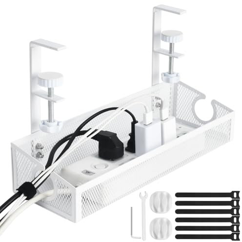 Under Desk Cable Management Tray White, No Drill Desk Cable Tidy, Desk Wire Organiser Rack Metal Mesh Table Cord Basket for Office and Home Standing Desk, 1 Pack
