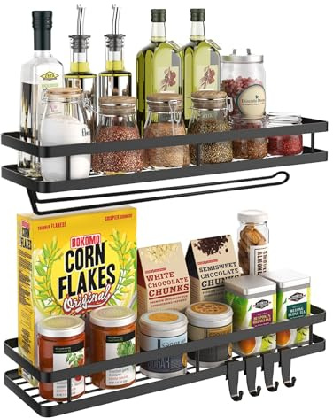 Couwilson Gewürzregal Organizer Wandmontage - 40 cm 2er-Pack [Aktualisierte Version] Hängendes Gewürzregal mit Papierhandtuchhalter, Aufbewahrung für Schrank oder Wandmontage mit 4 starken Haken