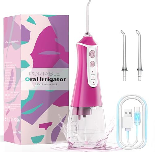 Water Flosser for Teeth Cordless & Oral Irrigator Dental Flosser, 350ML Portable flossers for Teeth Care Home Use and Travel, 3 Modes, Rosy Red