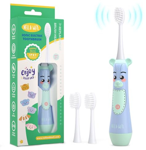 NELL&WELL Spazzolino elettrico per bambini, timer da 2 minuti, 3 modalità con memoria, impermeabile IPX 7, alimentato a batteria, con 3 testine con setole morbide, per bambini dai 3 anni in su, orso