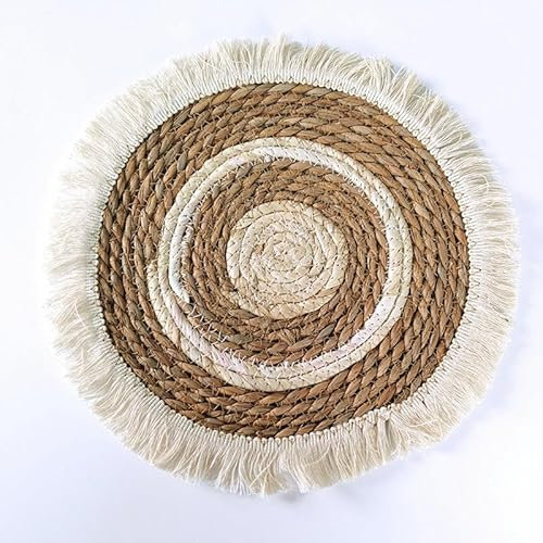 placemat, 25/30/35cm Round Boho Placemats Hand-Woven With Tassels Placemats Water Hyacinth Placemats, Rustic Braided Wicker Table Mats for Dining Table(2,30cm with tassels)