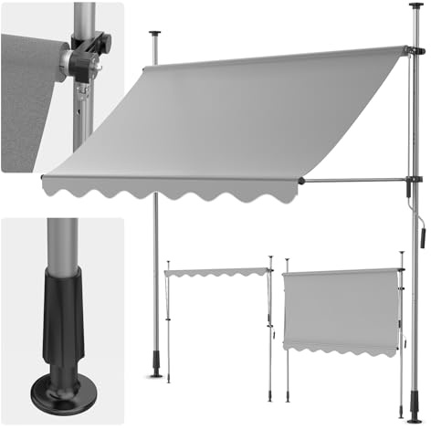 Markise Terrasse Klemmmarkise mit Handkurbel, 350x120cm Balkonmarkise Ohne Bohren, UV-beständig Höhenverstellbar Wasserdicht, Sonnenschutz für Garten Veranda, Einfache Montage, Hellgrau