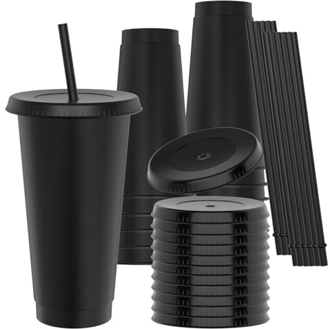OZMOJOO 710 ml (24 Floz) Kunststoffbecher mit Deckel und Strohhalm (12 Stück) - Stabil & lebensmittelecht, wiederverwendbare Trinkbecher für Eiskaffee, Milchshakes, Smoothies - Schwarz