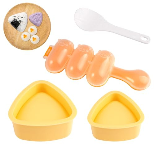 4 Stück Onigiri Maker, Antihaft ReisbäLlchen Former, Reis Former, Onigiri Form Set, Dreieckige Reisform, Sushi Form, Bento-Pressen, Reiskugel-Sushi-Maker mit 1 Reislöffel, für Mittagessen, Bento, DIY