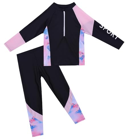 Girls Long Sleeve Swimsuit Two Piece Rashguard Shirts with Pants Set Swimwear Bathing Suit