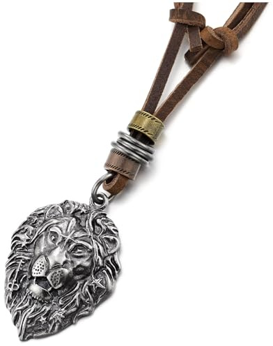 COOLSTEELANDBEYOND Collar con Cabeza de León Hombre, Diseño Grabado Vintage en Cordón de Cuero, Joyería de Guerrero Tribal Rey de la Selva