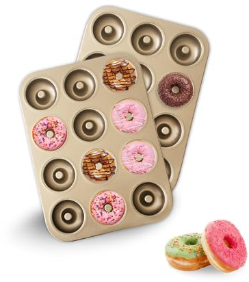 JSJMOFA 2 Pcs Moulle Donut, Antiadhésif Moules à Donuts, Moule Gateau Bagels, Moule pour Gâteaux pour Beignets Muffins Cupcakes Tarte (Doré)