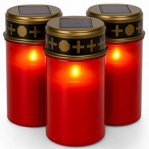 MIJOMA LED Grablichter für den Außenbereich - Batteriebetrieben, realistischer Flackereffekt, 6 Monate Leuchtdauer - Grablicht Grabkerze Grablampe (rot solar, 3 Stück Set)