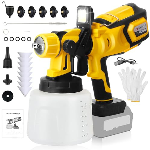 Pistola de Pintura HVLP 850W, Pistola Pintura Bateria Eléctrica con Tanque de 1400ml, 5 Boquillas de Latón, Luz LED (No Incluye Batería ni Cargador)