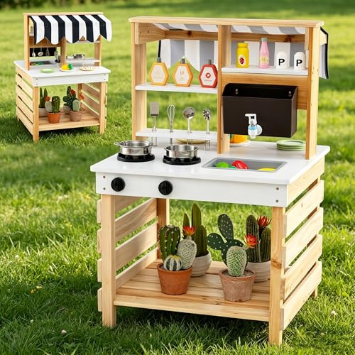 DREAMADE Matschküche Kinder Outdoor, Kinderküche aus Tannenholz mit Dach, Wassertank, Wasserhahn, Spülbecken, doppelseitige Spielküche mit 6 TLG. Zubehör, Outdoor Küche für Kinder ab 3 Jahren (Natur)