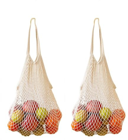 2 Stück Einkaufstasche Netz Wiederverwendbar Baumwolle Netztasche Faltbar Netzbeutel mit Langer Griff Groß Obstnetz Aufbewahrungsnetz Sandspielzeug Tasche Beige Netztasche Sandspielzeug für Gemüse