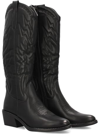 shoes&blues.es 95046 Bota Mujer Cana Alta con Adornos bordadoes Estilo Cowboy. Tacon bajo y Comodo. Ideal Temporada Otono Invierno. Negro Talla 38