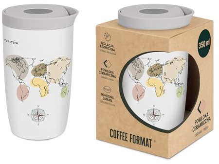 COFFEE FORMAT Thermobecher Kaffee to go 350ml Keramikbeschichtung 100% Auslaufsicher Quick Press zerlegbarer Deckel Reinigung passt in Autohalterungen Geschenke für Frauen Männer Kartenaufdruck Weiß