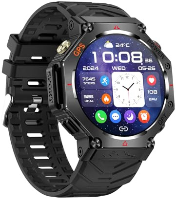 Lazmin112 Smartwatch, Con Posizione Gps, Gpt, Impermeabile Fino a 30 m, Torcia, Altoparlante e Microfono Integrati, Ricarica Magnetica, 100+ Modalità Sportive, Orologio Sportivo (BLACK)