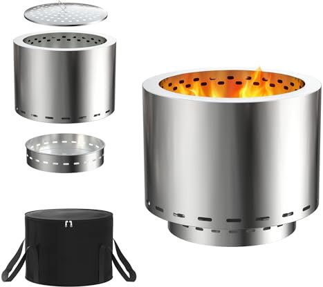 XMTECH Brasero d'extérieur en acier inoxydable de 49 cm de diamètre, grand et portable, faible fumée, pour jardin, terrasse, balcon, barbecue et pique-nique avec sac de transport