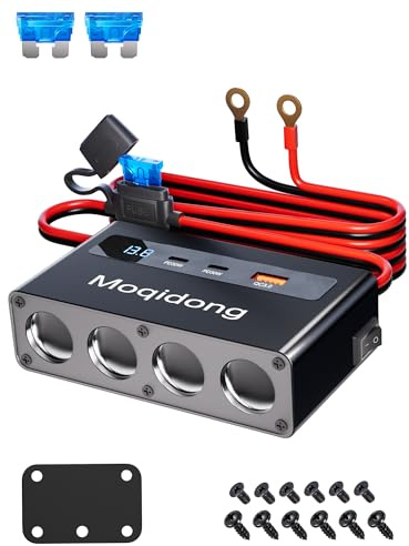 Moqidong 12V/24V KFZ Verteiler mit 15A Sicherung 4-Fach 12V Steckdose | 30W PDx2 & QC3.0 USB Metallgehäuse, Adapter Zigarettenanzünder Steckdose , 2M 2.5mm² 12V Verlängerung für Auto/Wohnmobil/Boot