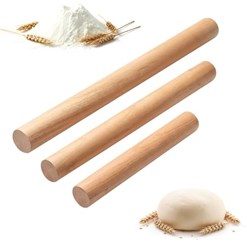 3Pcs Wooden Rolling Pin for Baking,Beech Smooth Non Stick Rolling Pin | for Baking Dough, Fondant, Pizza, Cookie, Bread, Professional Without Handles