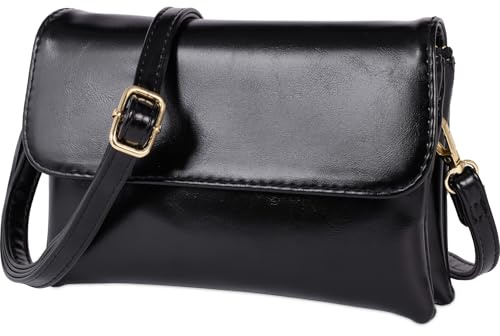 Toptime Umhängetasche Damen Klein, Ölleder Handytasche zum Umhängen mit Kartenfächer, Crossbody Bag mit Verstellbarer Schultergurt, Schwarz Handtasche Damen mit Mehreren Taschen für Reisen Einkaufen