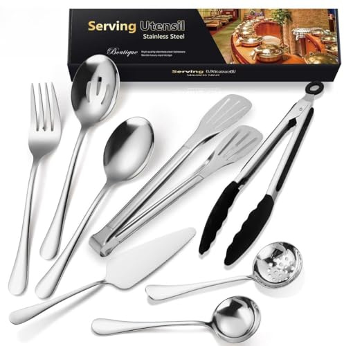 MURRI&MURRDI Set di 15 posate da portata in acciaio inox, con cucchiai, forchette scanalate, paletta per torte e pinze, set di posate per banchetti color argento