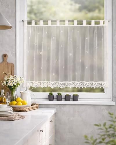 KAMACA Bistrogardine Kurzgardine Schlaufen-Gardine Halbtransparent Moderner Kurzstore Scheibengardine für Küche Esszimmer Lichtdurchlässiger Sichtschutz Landhaus Stil (HxB 85x135 cm Phlox)