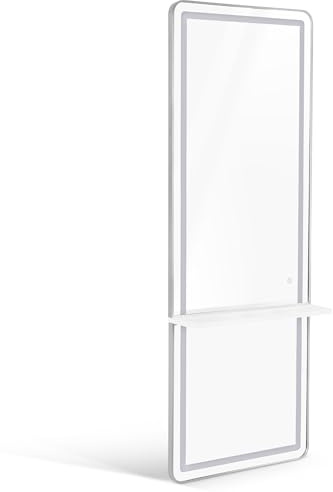 Barberpub Wandspiegel mit Beleuchtung, Ganzkörperspiegel mit Aluminiumrahmen, Großer Spiegel mit Ablage, Touch-Schalter, 3 Lichtfarben Dimmbar, für Friseursalon, 17x65x177 cm, J6271 (Weiß-Silber)