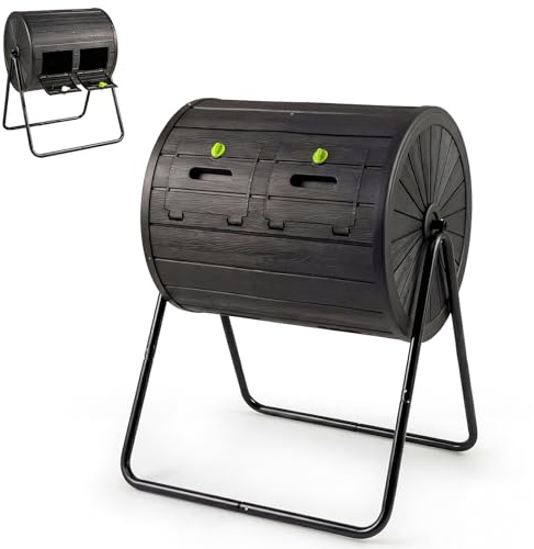 GYMAX Compostador Giratorio de Jardín 142 L, Contenedor de Compostaje de Doble Cámara Compostadora con Puertas Bloqueables, Soporte Metálico para Desechos de Jardín Cocina Patio (Negro)