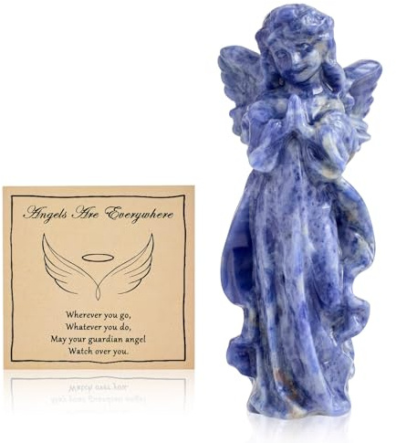 Engel Statue aus Blauer Sodalith, Kristalle Handgeschnitzt Engel Figur | AWARDSEN Mit Grußkarte und Geschenkverpackung Spirituelle Deko Blau Heilsteine Schutzengel Geschenk für Frauen