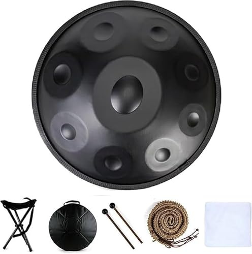 Instrumento de tambor handpan en re menor, notas 9/10/12, 56 cm, acero con bolsa, 2 mazos y soporte mano(432hz,Black - 10 notes)