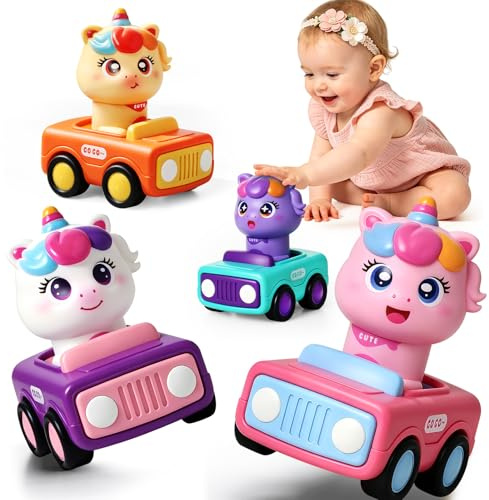 MOONTOY Auto Spielzeug ab 1 Jahr, 4 Stück Einhorn Spielzeug ab 1 2 3 Jahr Mädchen, Press-and-Go Spielfahrzeug für Kleinkinder, Jungen und Mädche, Geschenk für Kinder ab 10 12 18 Monaten