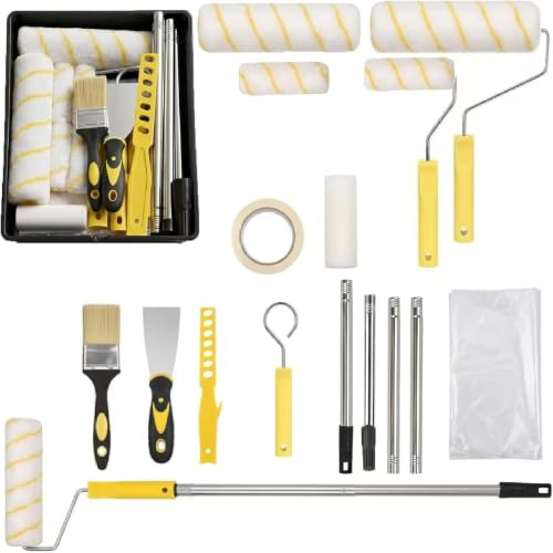 16Pcs Paint Roller Kit,1.2m Pole,Brushes Scraper for Wall Ceiling Painting | Home Painting Tool Set with Tray,Dust Film & Masking Tape,Multi‑Size Rollers for Indoor Outdoor DIY Decor Projects