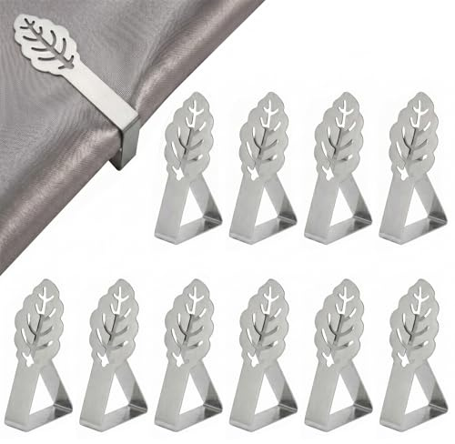 10 Piezas Sujeta Manteles de Mesa Exterior de Acero Inoxidable, Pinzas Sujeta Manteles con Diseño de Hoja, Ajustable Clips para Mantel para Jardín, Cocina, Picnic, Fiesta y Restaurante