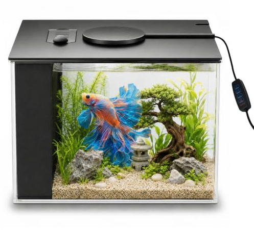 MeYuxg klart glas akvarium litet komplett set, 3,7 l akryl nano akvarium med filterpump, LED-belysning akvarium startset för små fiskar, räkor och växter (svart)