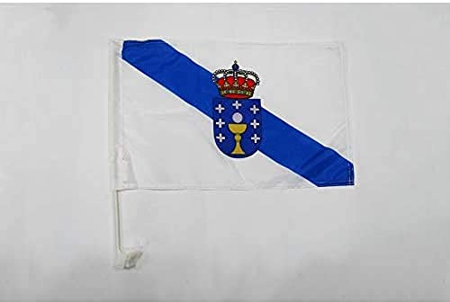AZ FLAG Bandera de Coche Galicia 45x30 cm Gallega Poliéster Malla Ventosa | Uso exterior Enseña para coche acabado cosido resistente al exterior con mástil de plástico poliéster de malla