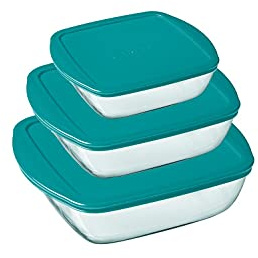 Pyrex® - Cook & Store - 3er Set eckige Vorratsschalen aus Glas mit Deckel (0,35l; 1l; 2,2l) - BPA-frei