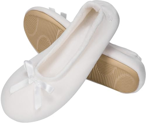 EverFoams Women's Satin Memory Foam Ballerina Slippers Cute House Shoes with Indoor Rubber Sole (Size 7-8 M US, White)