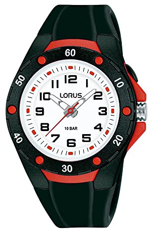 Lorus Unisex Kinder Analog Quarz Uhr mit Edelstahl Armband R2377NX9, Rot