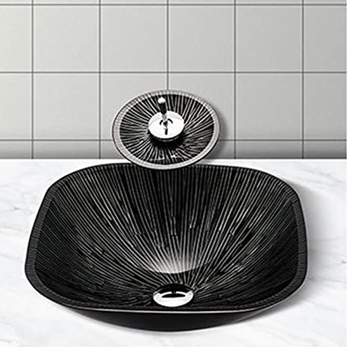 YEITH Vasque à Poser en Verre Trempé Lignes Noir et Blanc, Lavabo à Poser Salle, de Bain Evier à Poser Ovale Artistique avec Ensemble de Drainage Robinet Cascade Laiton, pour Salle de Bain,A
